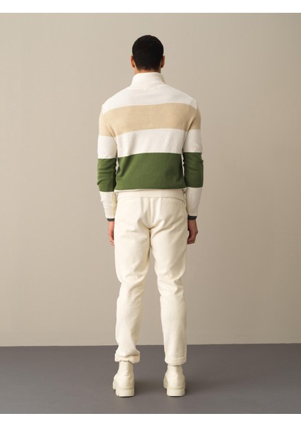 Erkek Ekru Regular Fit Çizgili Kazak