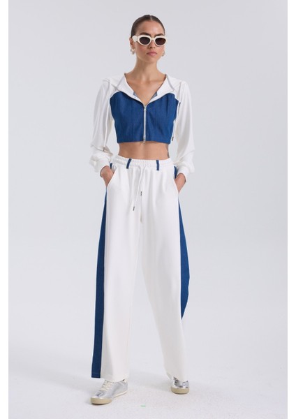 Denim Detaylı Kapşonlu Crop Eşofman Takım - Mavi-Beyaz Mavi-Beyaz - Xs modelleri