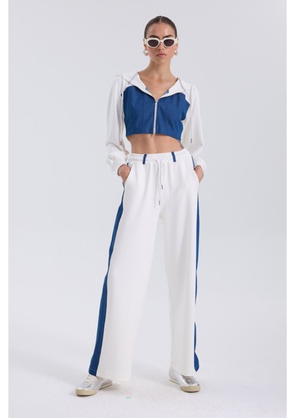Denim Detaylı Kapşonlu Crop Eşofman Takım - Mavi-Beyaz Mavi-Beyaz - Xs indirimleri