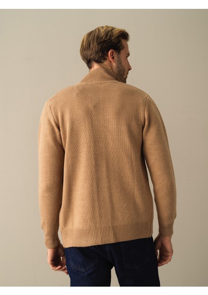 Erkek Camel Düğmeli Cep Detaylı Hırka