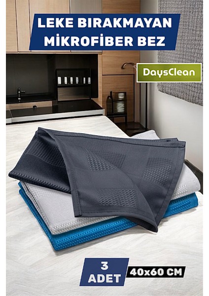 3'lü Mikrofiber Temizlik Bezi | Mutfak Cam Araba Temizlik ve Kurulama Bezi | 40X60 | Iz Leke ve Bırakmaz |