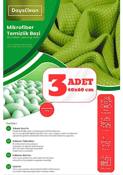 3'lü Mikrofiber Temizlik Bezi | Mutfak Cam Araba Temizlik ve Kurulama Bezi | 40X60 | Iz Leke ve Bırakmaz | modelleri