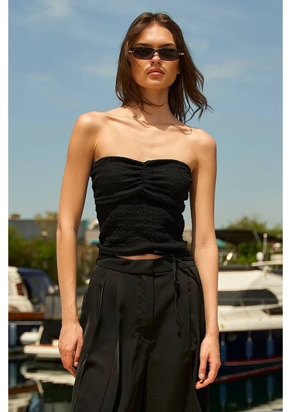 Straplez Kalp Yaka Crop Bluz - Siyah Siyah - 38