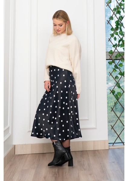 Puantiyeli Beli Lastikli Saten Viskon Etek 6822