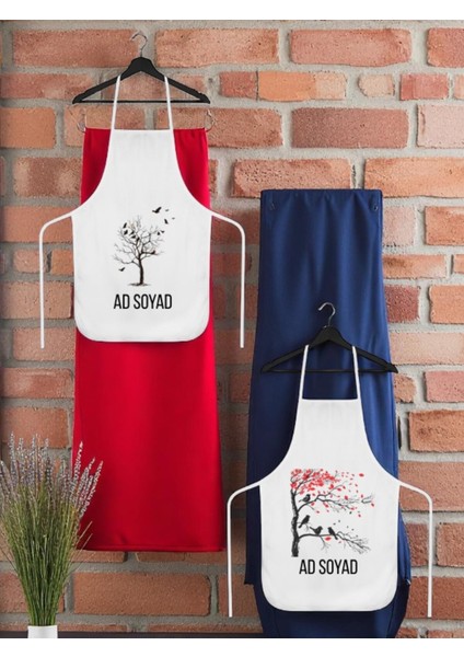 Dalda Kuşlar Baskılı Isme Özel 2'li Keten Mutfak Önlüğü