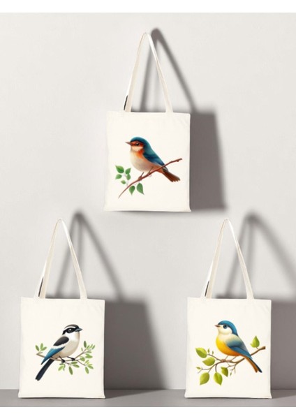 Sevimli Kuş Baskılı Bez Çanta 3'lü Omuz Çantası - Kadın Için Doğum Günü Hediyesi