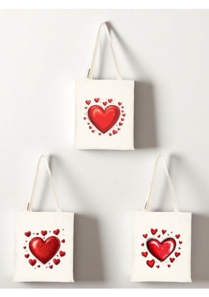 Kalp ve Kalpler Baskılı Bez Çanta 3'lü Omuz Çantası - Kadın Için Doğum Günü Hediyesi