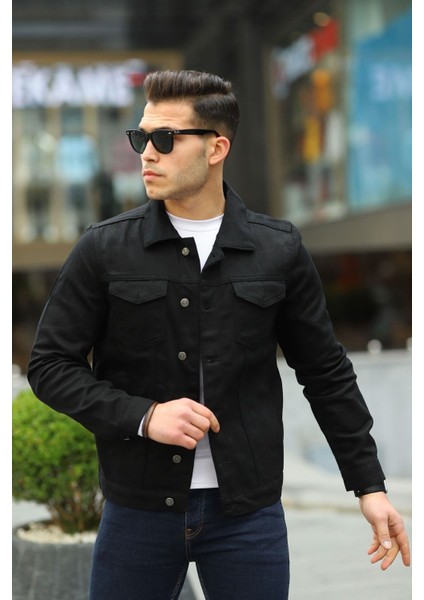 Erkek Trend Polo Yaka Slim Fit Denim Jeans Siyah Kot Ceket