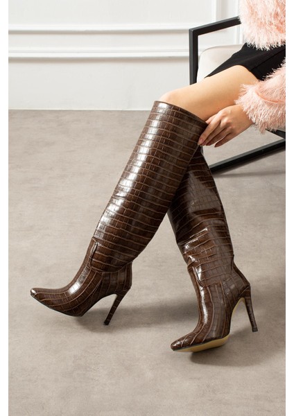 Sara Kadın Çizme Ince Topuklu Kroko Desenli Kahverengi Deri fiyatları