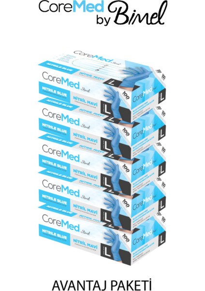 Coremed Nitril Mavi Pudrasız Muayene Eldiveni L - 5 Paket 100 Lü