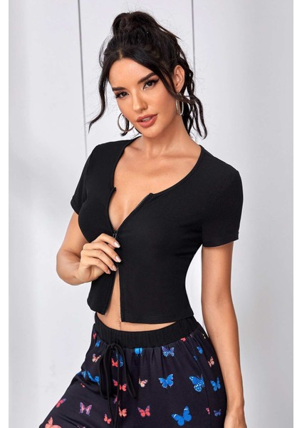 Kadın Siyah Çift Fermuarlı Yarım Kol Crop Top Bluz