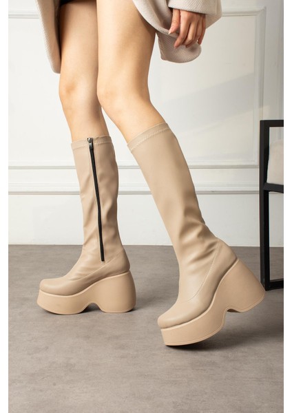 Elsje Kadın Çizme Platform Dolgu Topuklu Streçli Nude Deri