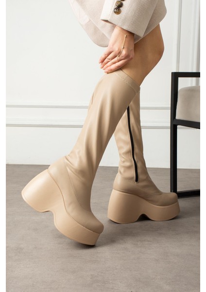 Elsje Kadın Çizme Platform Dolgu Topuklu Streçli Nude Deri fiyatları