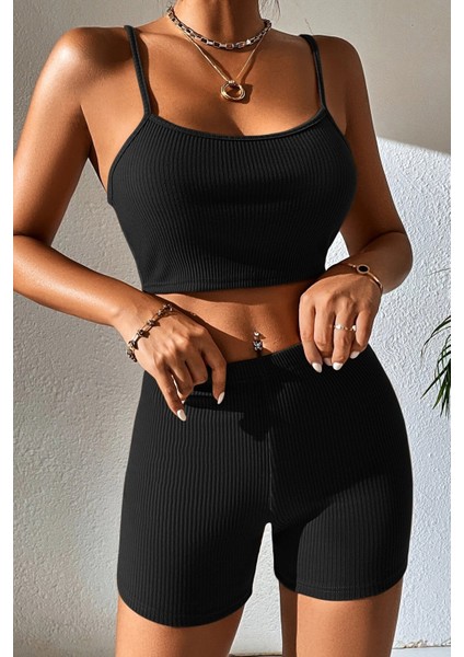 Kadın Siyah Şortlu Kaşkorse Gecelik Takım