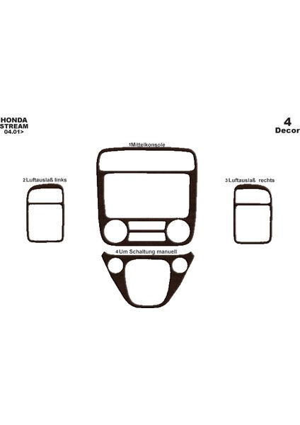Honda Stream Konsol-Torpido Kaplama 2001-2005 4 Parça Koyu Meşe