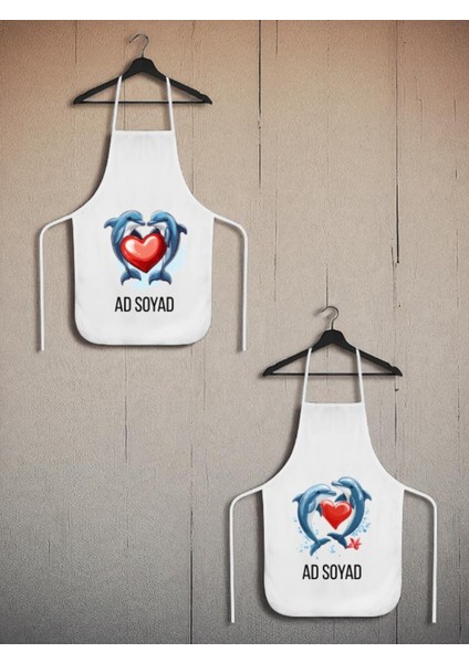 Kalpli Yunus Baskılı Isme Özel 2'li Keten Mutfak Önlüğü