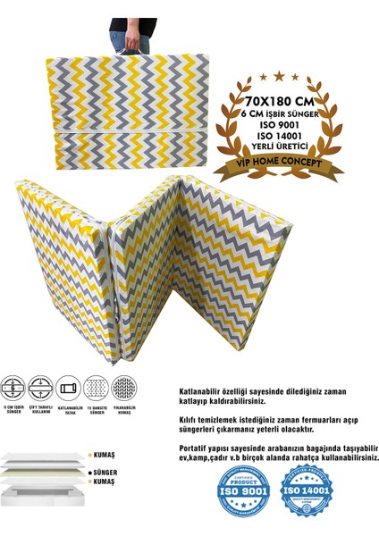 Katlanır Kamp Yatağı Çadır Yatağı Sünger Yatak Fermuarlı 70X180 cm 6 Cm-Sarı Gri Zikzak