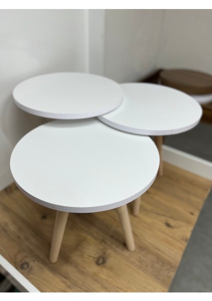 Yuvarlak Zigon Sehpa Takımı | 3’lü Beyaz Modern Mdf Sunum ve Yan Sehpa Seti (41–44–47 Cm) Atlattık Cam