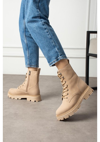 Olsima Kadın Bot Bağcıklı Fermuarlı Mat Nut Deri