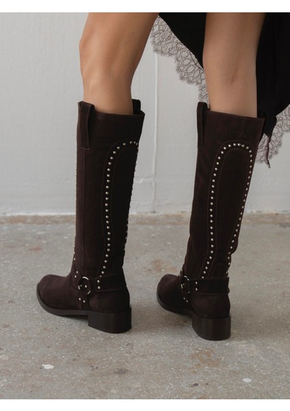Faren Kahve Süet Zımbalı Hakiki Deri Kadın Çizme