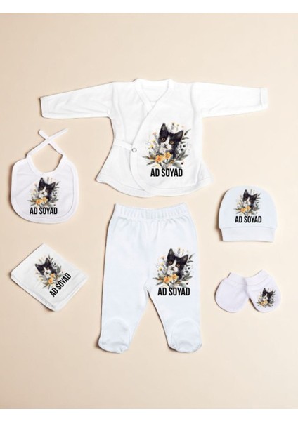 Çiçek ve Kedi Baskılı Bebek Hastane Çıkış Seti Yeni Doğan Bebek Hediyesi Bebeğe Hediye