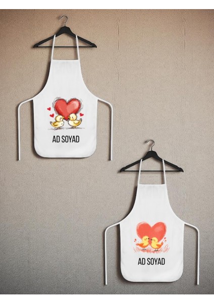 Kalpli Civciv Baskılı Isme Özel 2'li Keten Mutfak Önlüğü