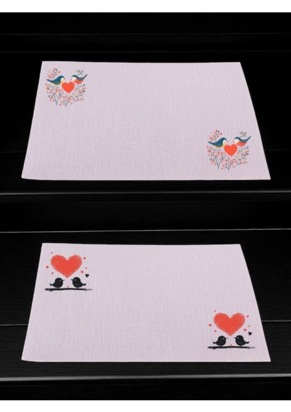 Kuşlar ve Kalp Baskılı Mutfak Masası 2'li Keten Servis Bezi 28X40 cm Amerikan Servis