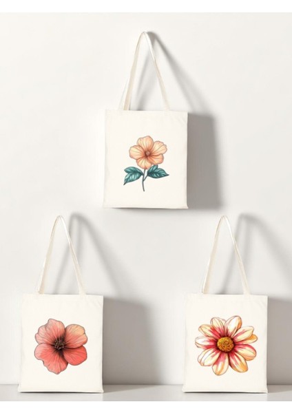 Sadece Çiçek Baskılı Bez Çanta 3'lü Omuz Çantası - Büyük Bez Çanta