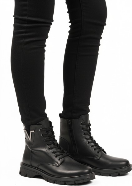 Siyah Cilt Bağcıklı Fermuarlı Polarlı Kaymaz Kadın Bot 351071 Z