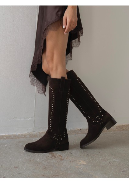 Faren Kahve Süet Zımbalı Hakiki Deri Kadın Çizme