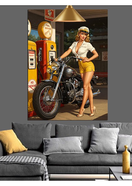 Motosikletli Pin Up Kadın Dekoratif Kanvas - Mdf Ahşap Tablo