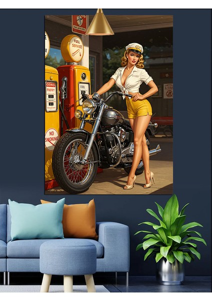 Motosikletli Pin Up Kadın Dekoratif Kanvas - Mdf Ahşap Tablo fırsatları