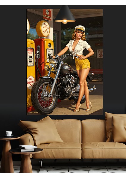 Motosikletli Pin Up Kadın Dekoratif Kanvas - Mdf Ahşap Tablo indirimleri