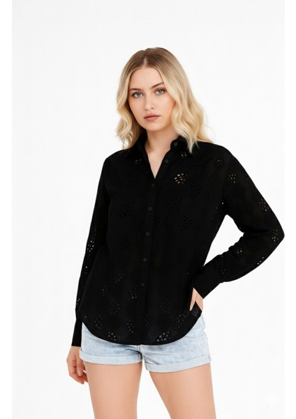 Kadın Siyah Fisto Desenli Pamuk Gömlek | Günlük ve Ofis Kombini