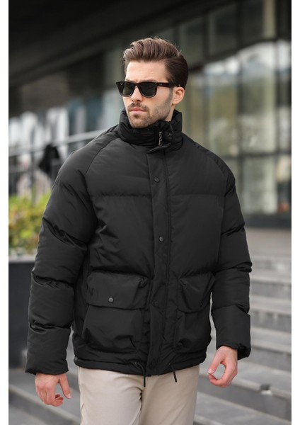 Siyah Fermuarlı Çıt Kapamalı Şişme Erkek Mont E7436