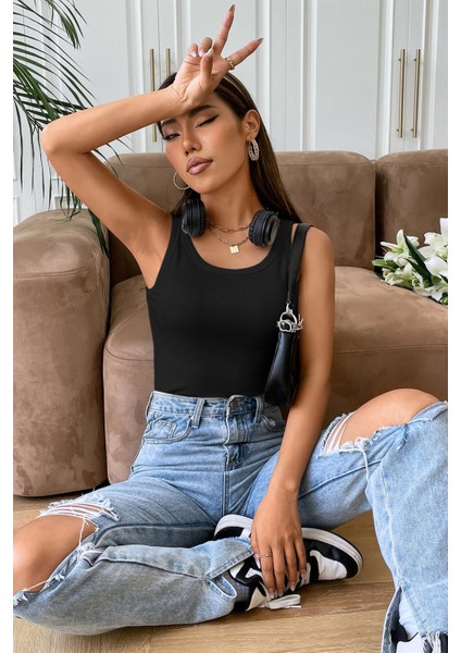 Kadın Siyah Kolsuz Kalın Askılı Uzun Crop Top Bluz & Atlet