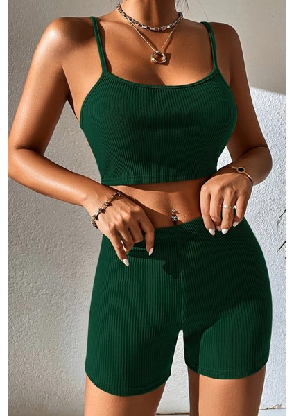Kadın Yeşil Şortlu Kaşkorse Gecelik Takım