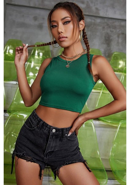 Kadın Yeşil Kare Yaka Crop Top Bluz