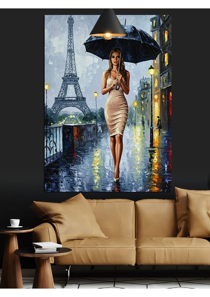 Beyaz Elbiseli Kadın ve Yağmurlu Eyfel Kulesi Dekoratif Kanvas - Mdf Ahşap Tablo fiyatları