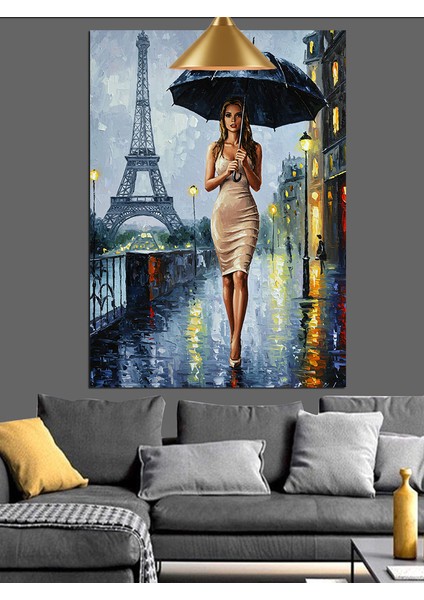 Beyaz Elbiseli Kadın ve Yağmurlu Eyfel Kulesi Dekoratif Kanvas - Mdf Ahşap Tablo modelleri