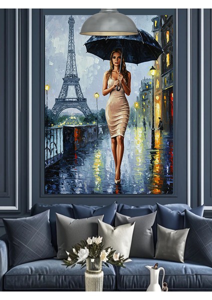 Beyaz Elbiseli Kadın ve Yağmurlu Eyfel Kulesi Dekoratif Kanvas - Mdf Ahşap Tablo fırsatları
