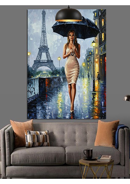 Beyaz Elbiseli Kadın ve Yağmurlu Eyfel Kulesi Dekoratif Kanvas - Mdf Ahşap Tablo indirimleri
