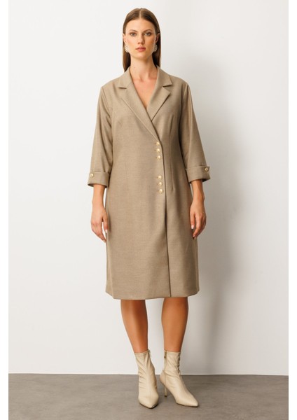 Kadın Büyük Beden Kruvaze Yaka Midi Elbise 4509 Gold