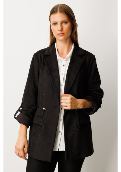 Kadın Büyük Beden Beli Lastikli Güderi Ceket 5563 Siyah