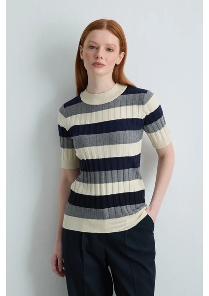 Çizgili Yarım Kollu Triko Bluz - Lacivert