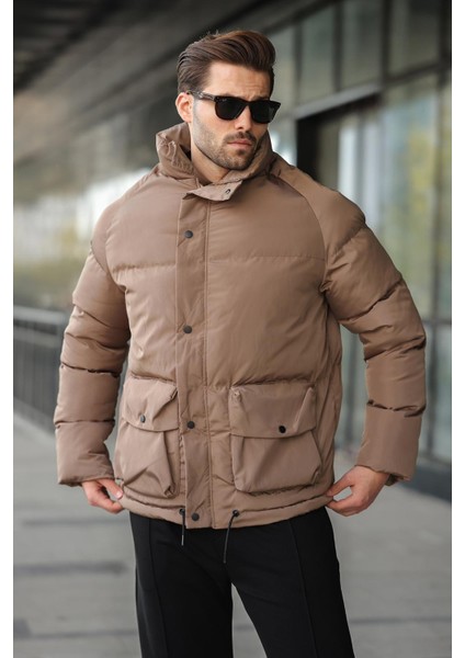 Kahverengi Fermuarlı Çıt Kapamalı Şişme Erkek Mont E7436