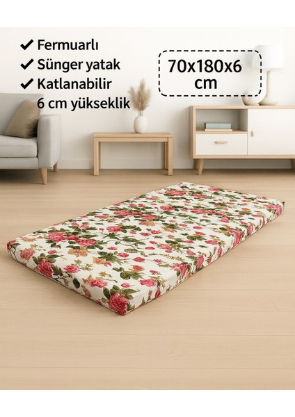 Sünger Yatak 70X180X6 Cm, Yer Yatağı, Balkon Yer Minderi,şantiye,karavan,deprem Yatağı-Ingiliz Gülü