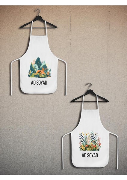 Doğa Baskılı Isme Özel 2'li Keten Mutfak Önlüğü