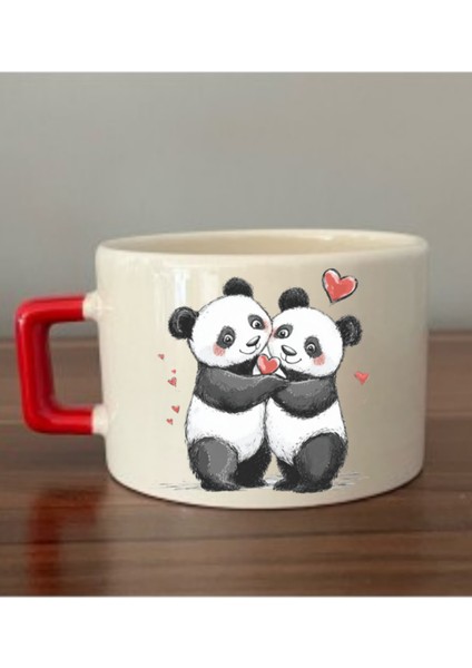 Kalpli Sevimli Panda Baskılı Kahve Fincanı Kupa Bardak Doğum Günü Hediyesi