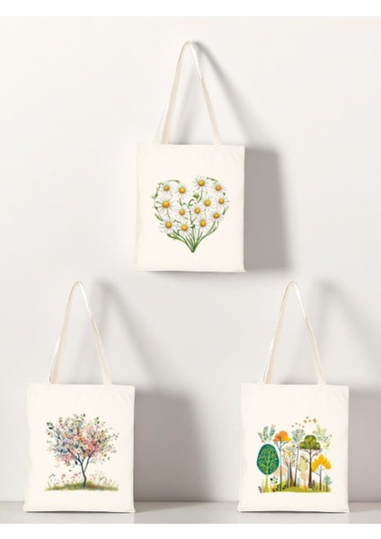 Çiçekli Baskılı Bez Çanta 3'lü Omuz Çantası - Sevgiliye Hediye